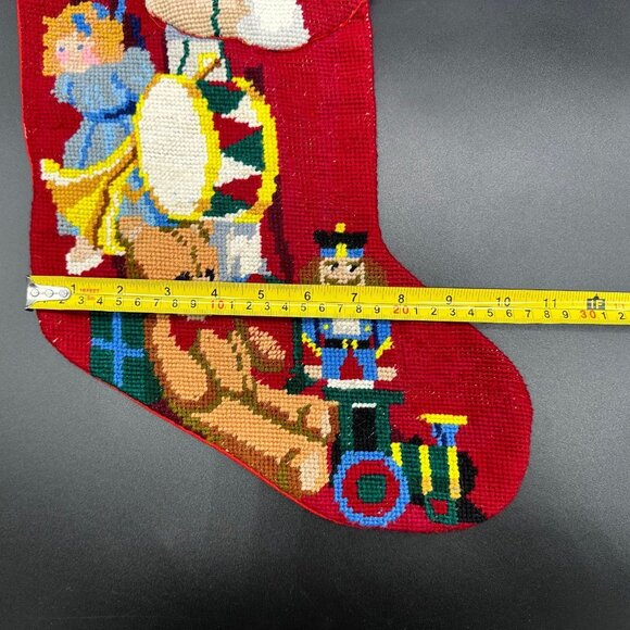 Vintage Christmas Needlepoint Stocking Santa Claus Toys Red Hanging Loop Figural - Picture 8 of 8
